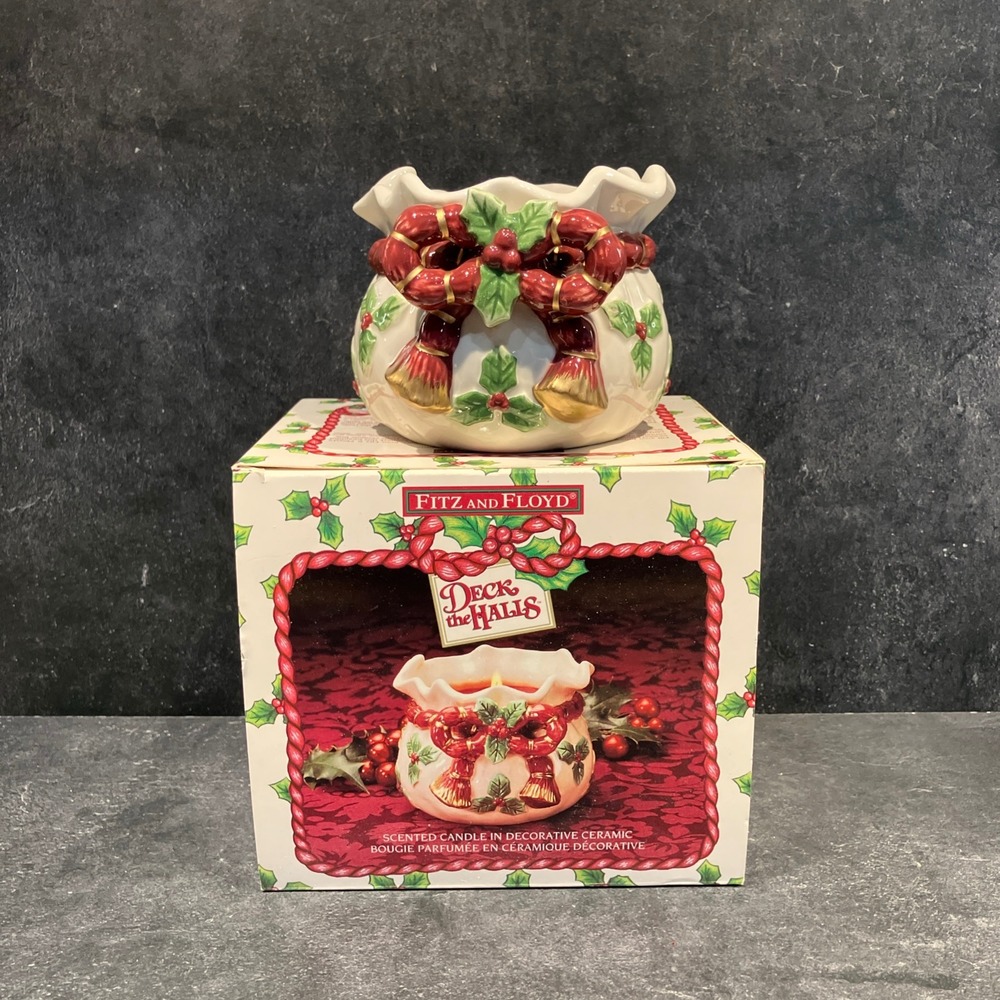 Fitz and Floyd Deck the Halls Ceramic Votive Candleholder 3 1/4" Vintage
